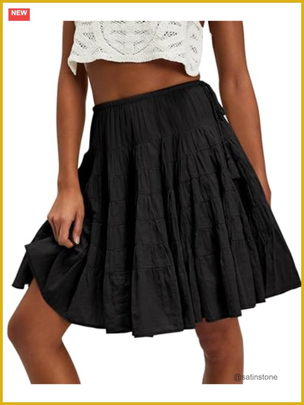 Tiered Boho Pleated Drawstring Waist Knee Length Flowy Midi Skirt